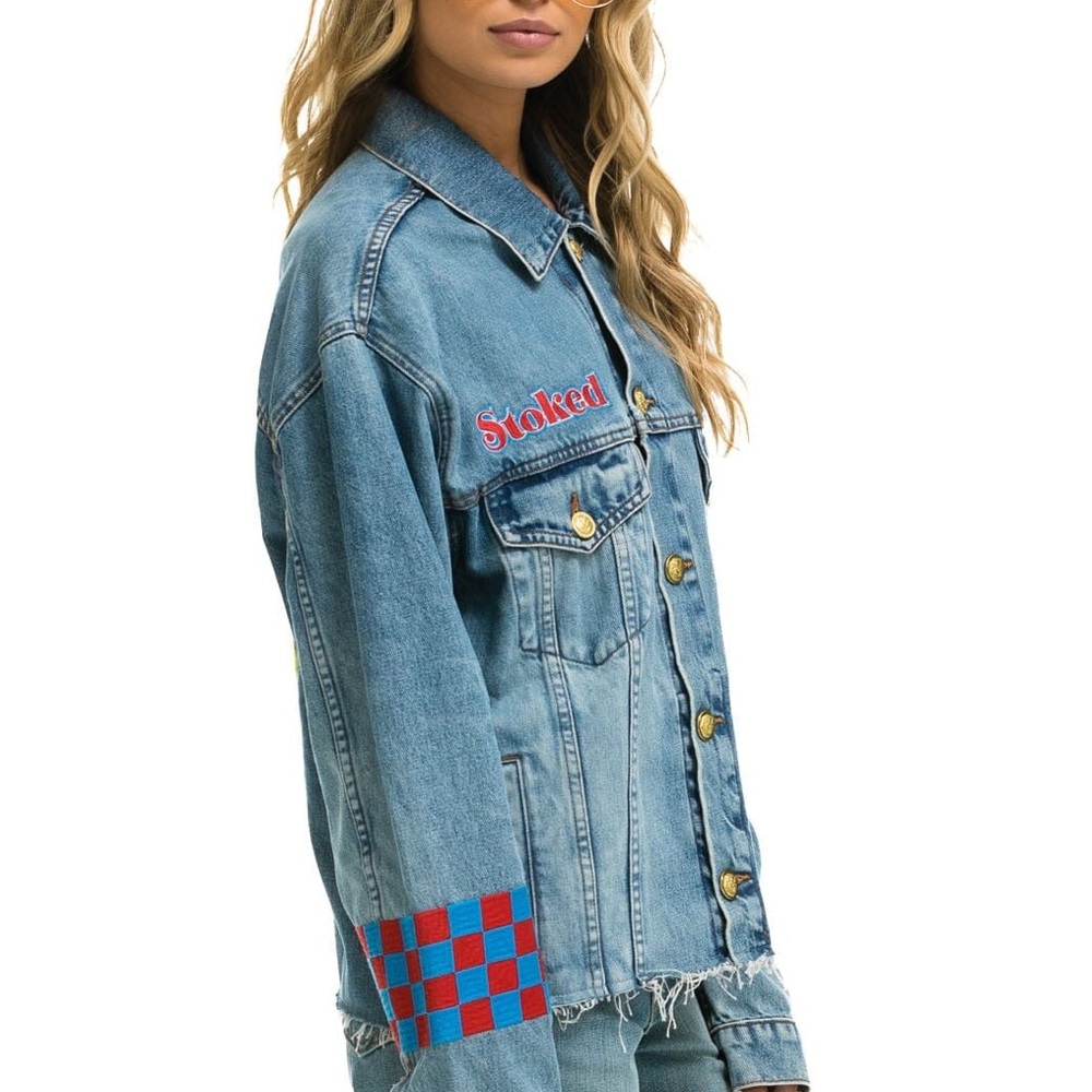 Aviator Nation Blue Denim Jacket with Yellow Smiley and Red Accents - Picture 3 of 5